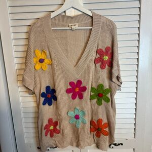 BIBI INDIE KNITTED FLORAL COTTAGECORE CROCHET V-NECK SWEATER TEE SZ L